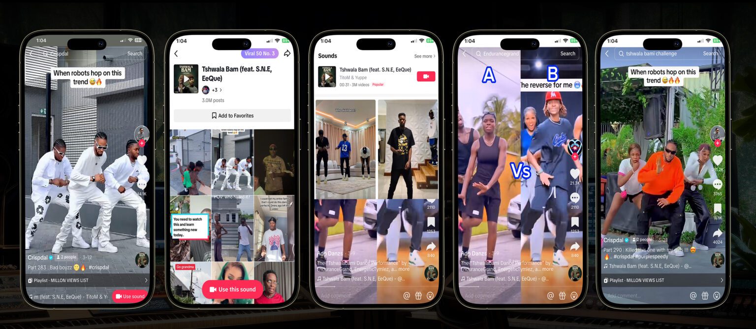 Real TikTok challenge screens showing a sound used across multiple videos